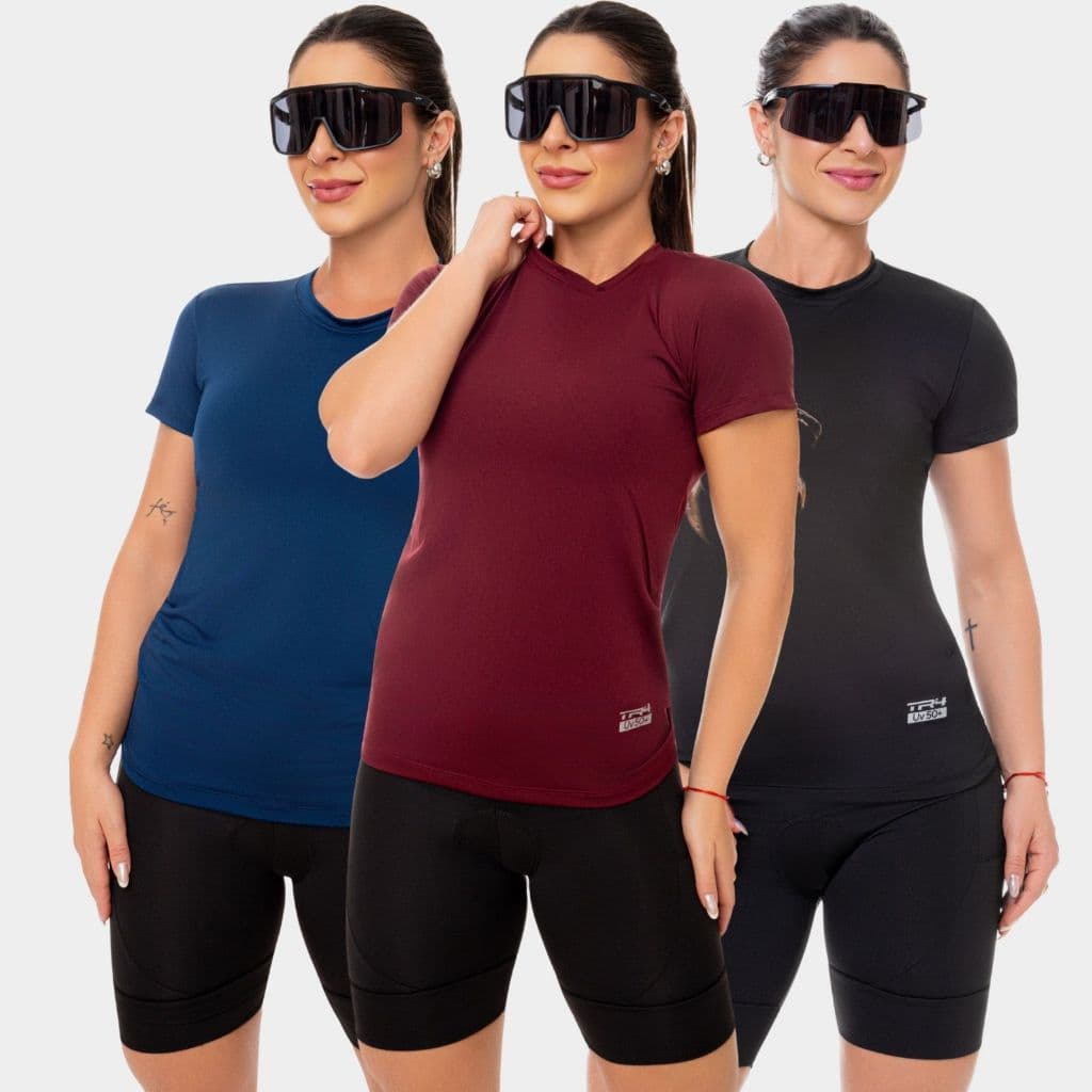 Kit 3 Camisa Camiseta Blusa Dry Fit Feminina Manga Curta Academia Treino Esporte Corrida Uv Vinho Azul Marinho Preto