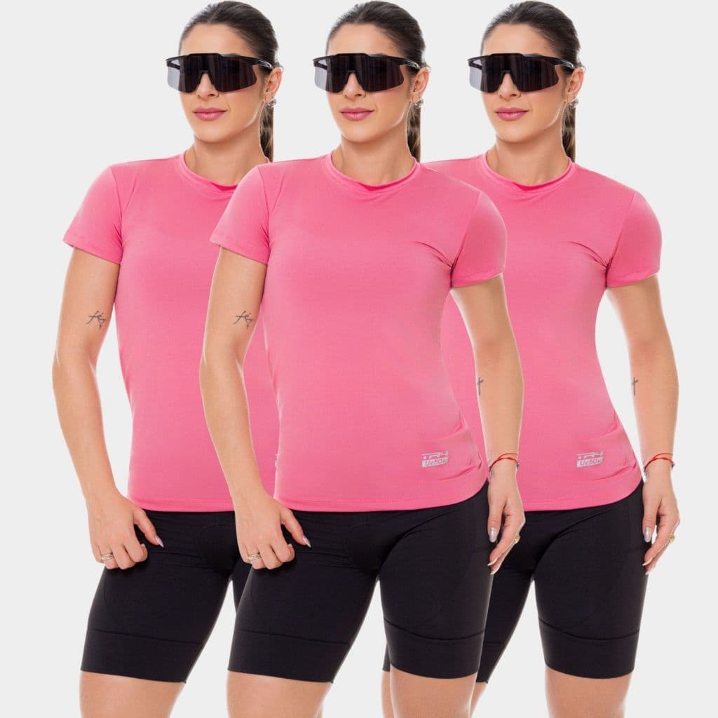 Combo 3 Camisa Camiseta Dry Fit Feminina Manga Curta Academia Treino Esportiva Corrida Proteção Uv Solar Rosa