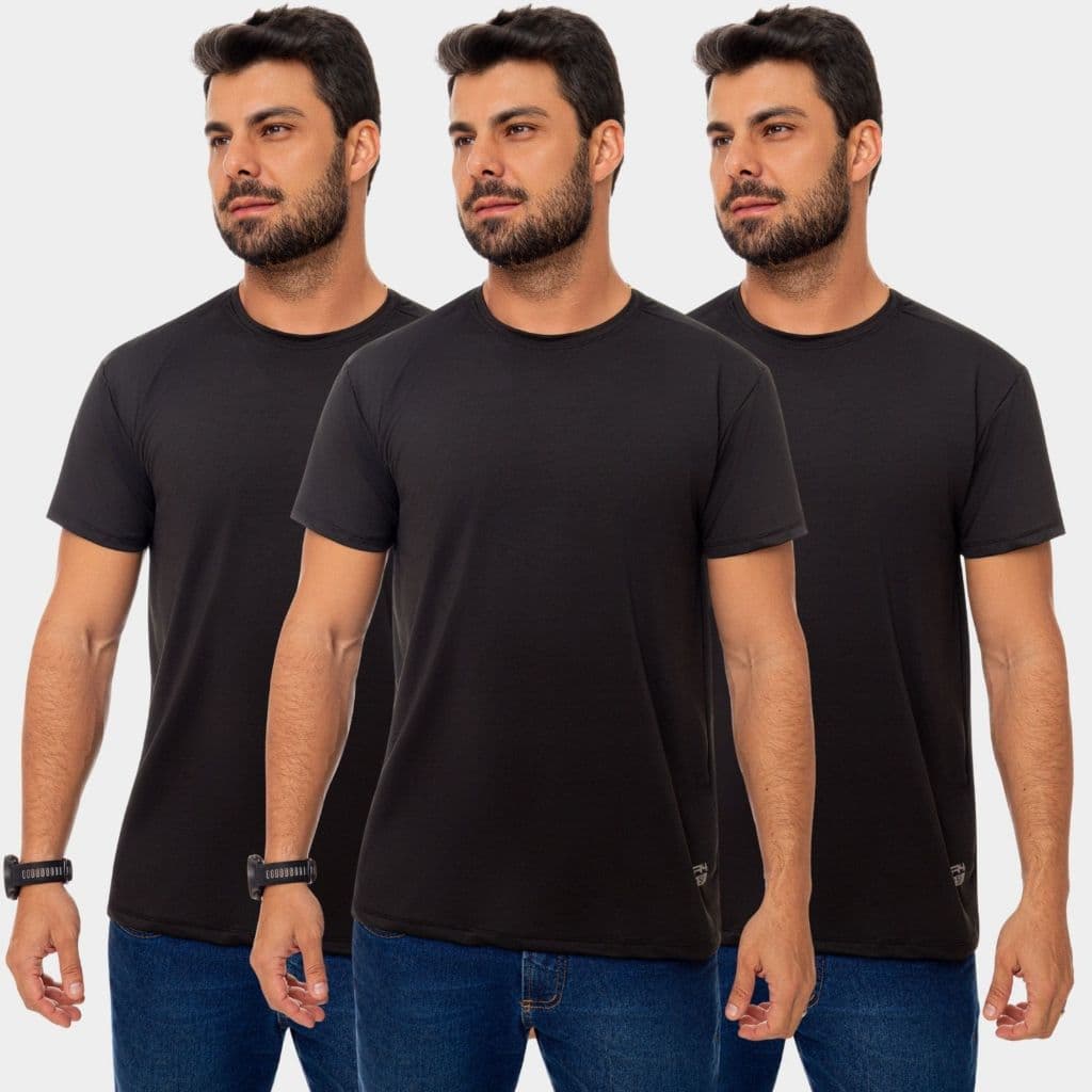 Combo 3 Camisa Camiseta Blusa Dry Fit Masculina Manga Curta Academia Treino Esporte Corrida Caminhada Anti Uv Preto