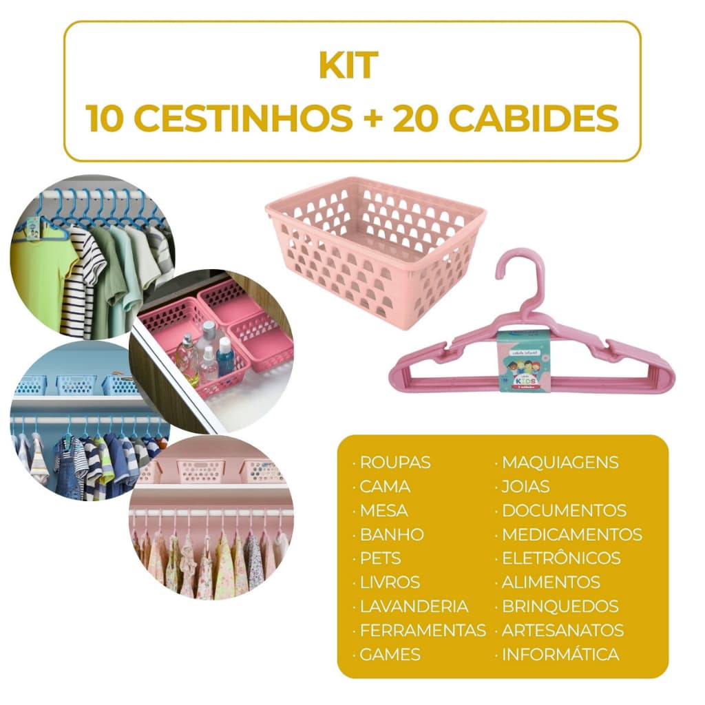 Kit Rosa Bebê 10 Cestos Organizadores + 20 Cabides Infantil Praticidade no Quarto