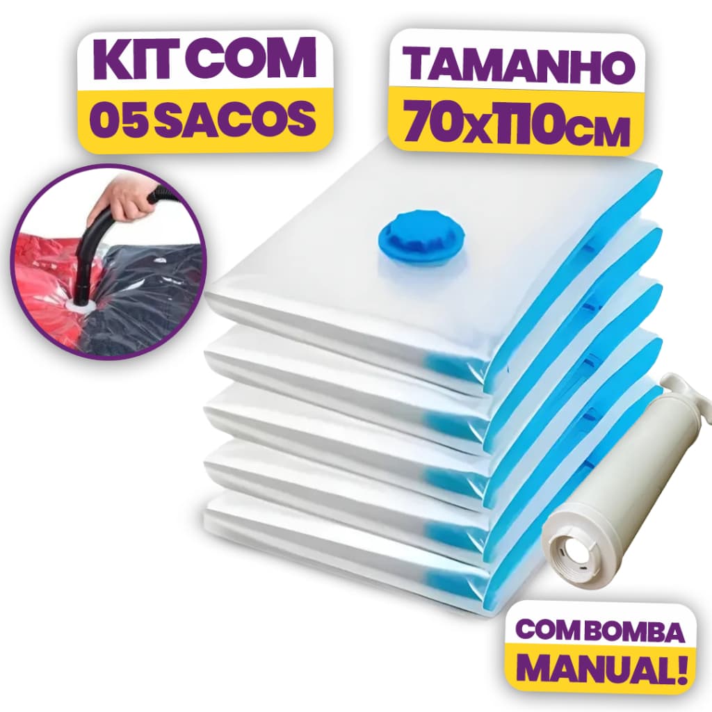 Kit 5 Sacos a Vácuo com Bomba – Escolha 70x110 cm Grande ou 60x80 cm | Organização e Economia de Espaço Viagem Roupa