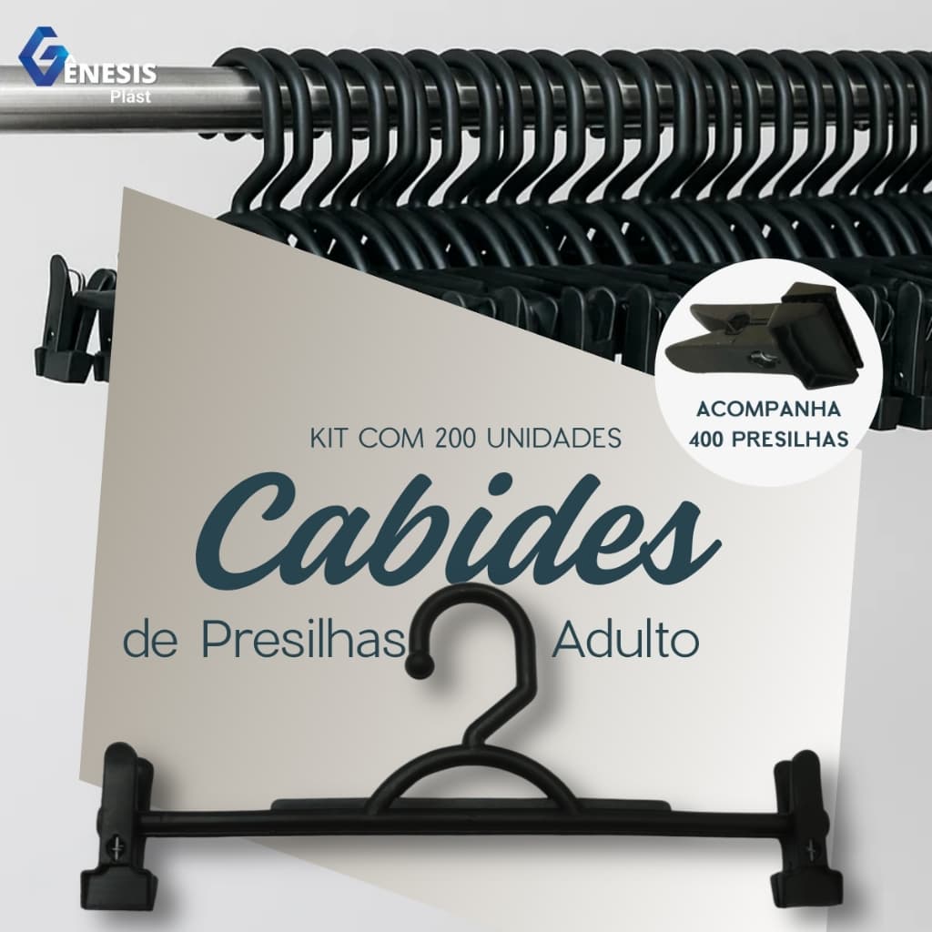 Kit Cabide Adulto 200 Unidades 400 Presilhas Preto Organizar Roupas Loja Closet Arara