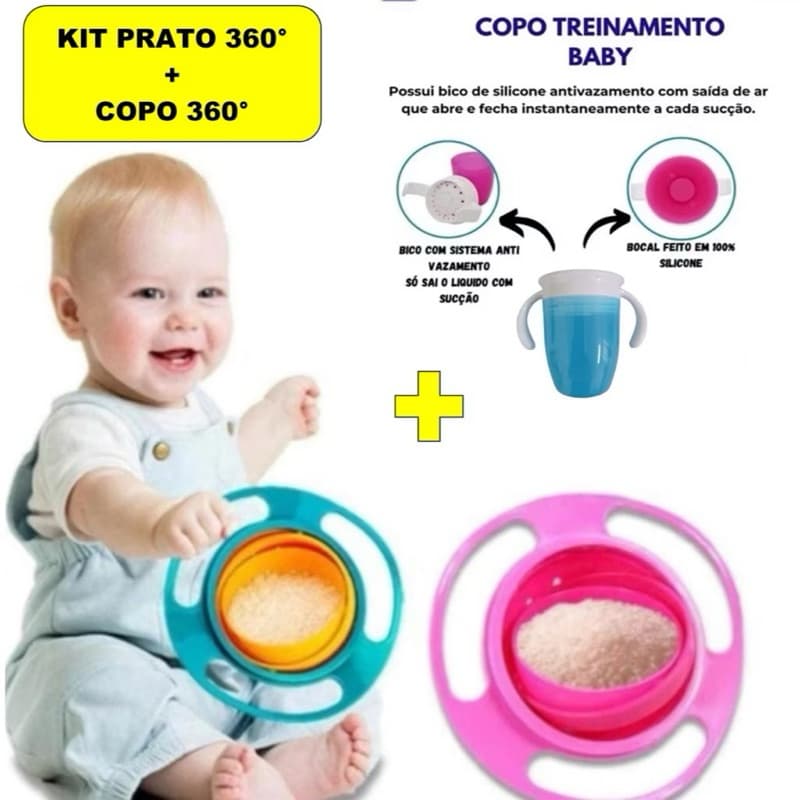 kit copo treinamento e prato magico 360 graus que não derruba bebê criança