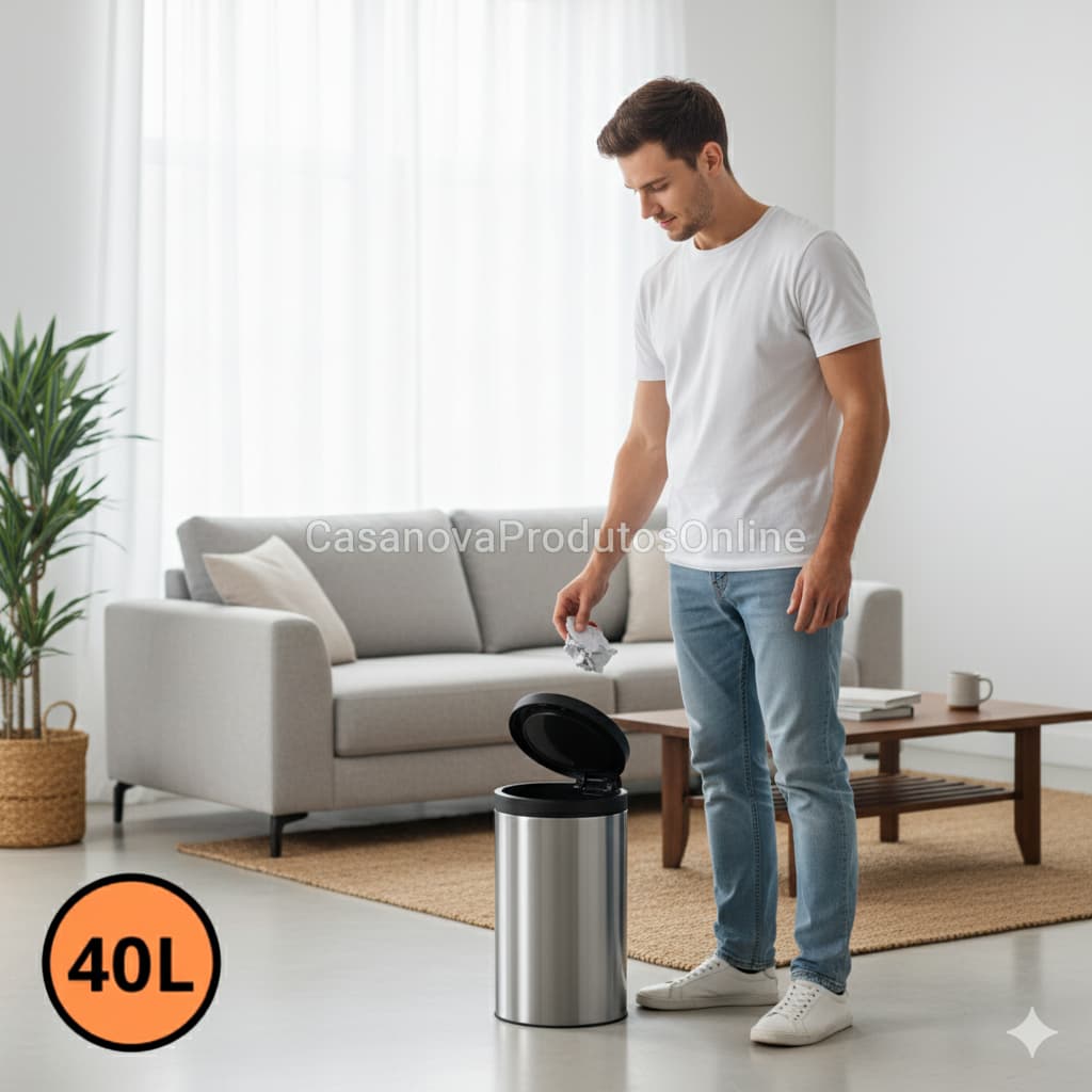Lixeira Automática Redonda em Aço 30/ 40 Litros com Sensor - Preta - Branca _ Inox