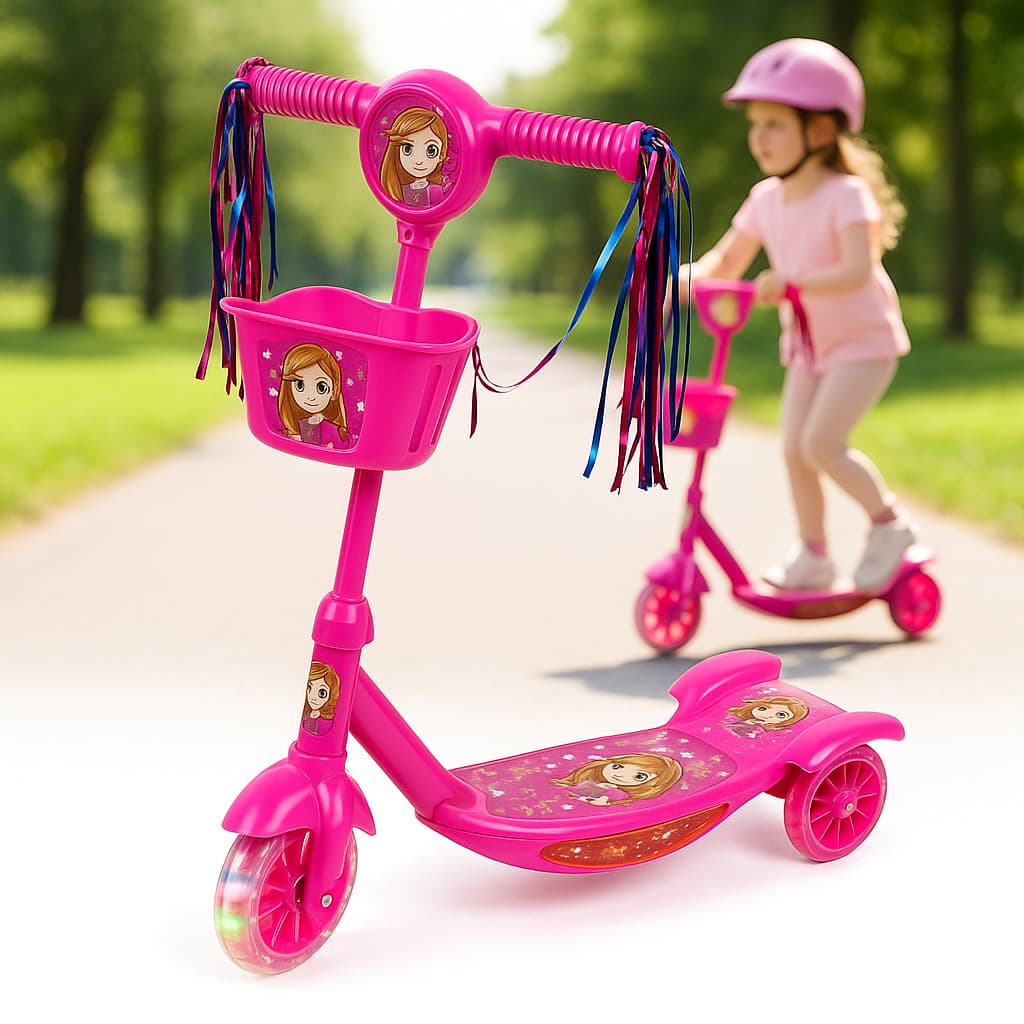 Patinete Infantil Dobravel Musical 3 Rodas com Led Brilham Com Movimento Cestinha Para Menino menina