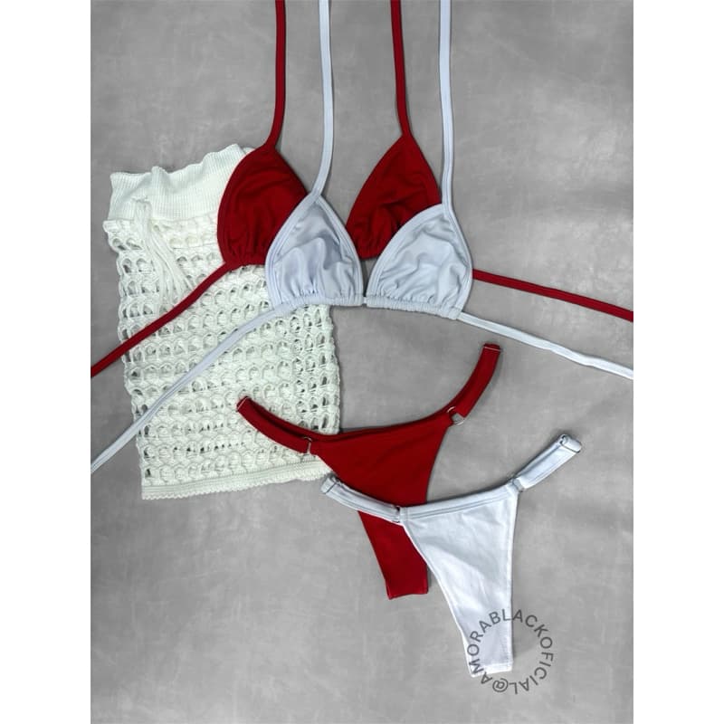 Kit 2 Biquínis Fita Suplex (Vermelho e Branco) + Saída de Praia Branca de Tricô – Tamanho Único 34 ao 40
