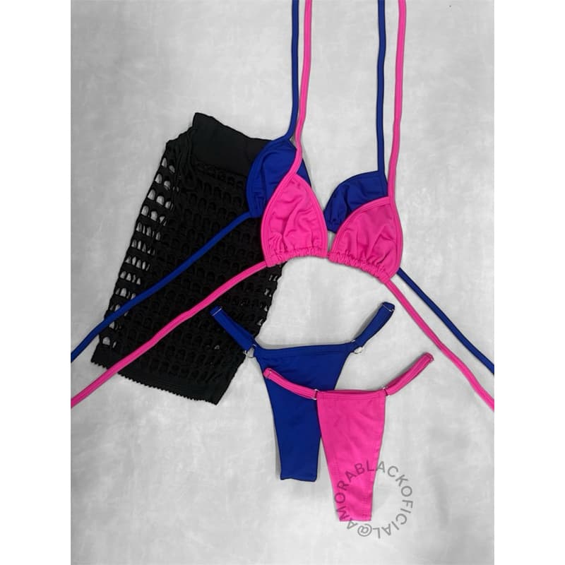 Kit 2 Biquínis Fita Suplex (Azul Bic e Rosa Pink) + Saída de Praia Branca de Tricô – Tamanho Único 34 ao 40