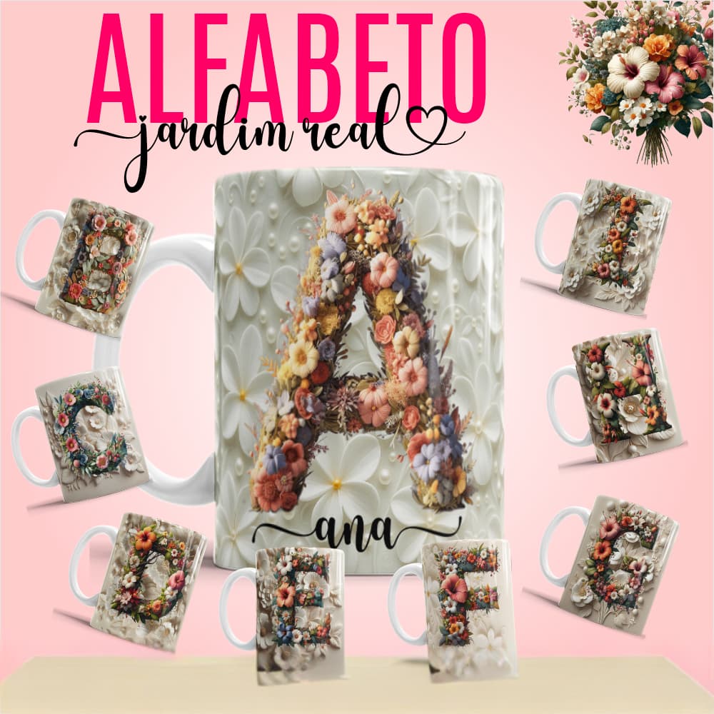 caneca personalizada, caneca alfabeto, caneca com letra, caneca flores, presente feminino, caneca delicada, lembrancinha