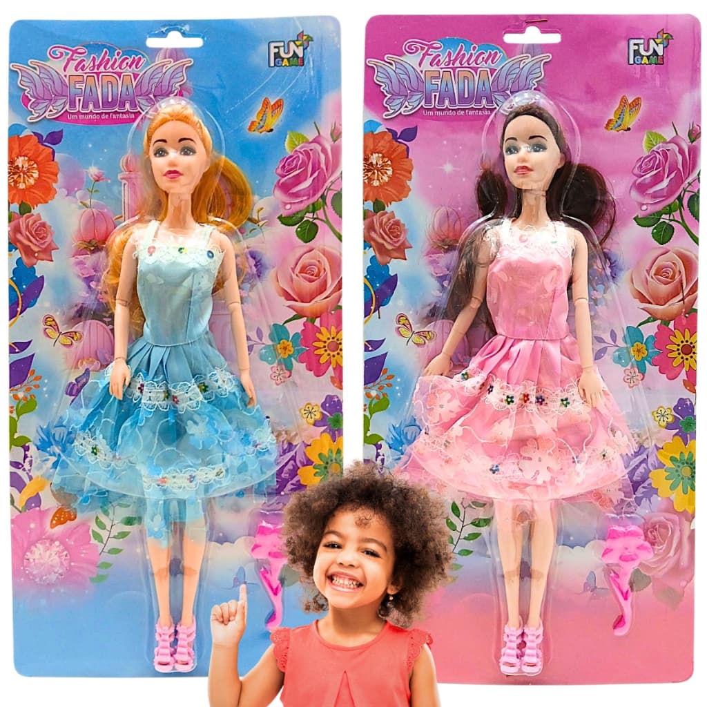 kit 2 Bonecas Princesa Fada Articulada Brinquedo Atacado Em Borracha C Vestido Sapatos Pente Criança