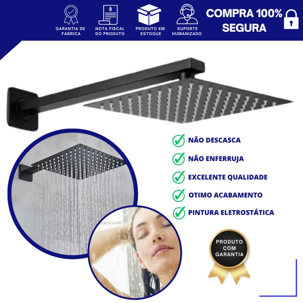 Ducha Chuveiro Slim Quadrado 20x20cm Paradise Preto Fosco Black Matte