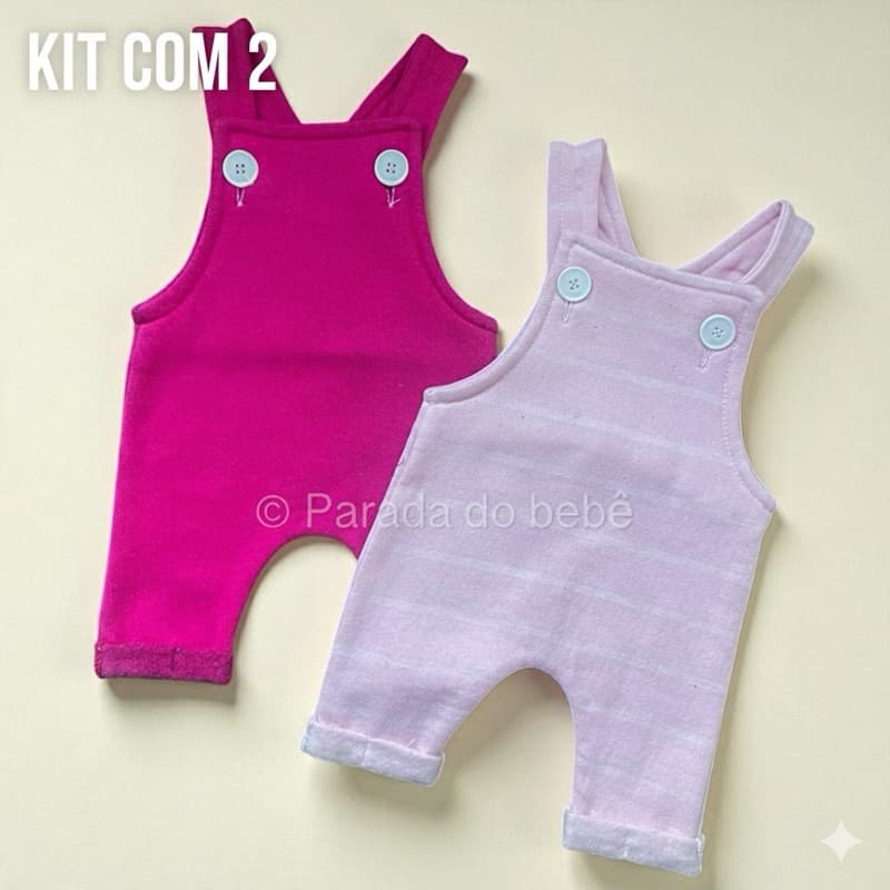 Jardineira Bebê Kit 2 Peças Macacão Salopete Infantil Menina Rosa Pink Roupinha