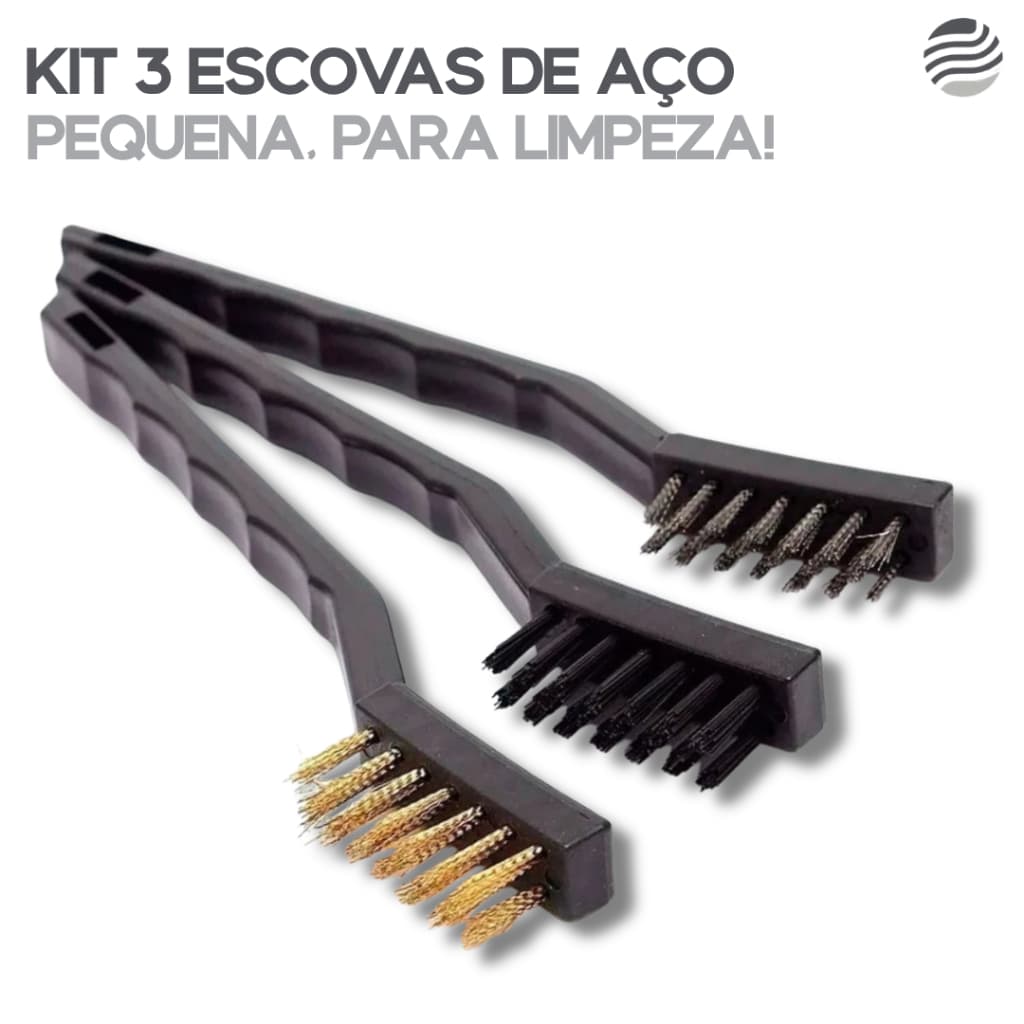 Kit 3 Escovas para Limpeza Pesada c/ Cabo de Plástico 17CM | Modelos de Cobre, Aço e Nylon