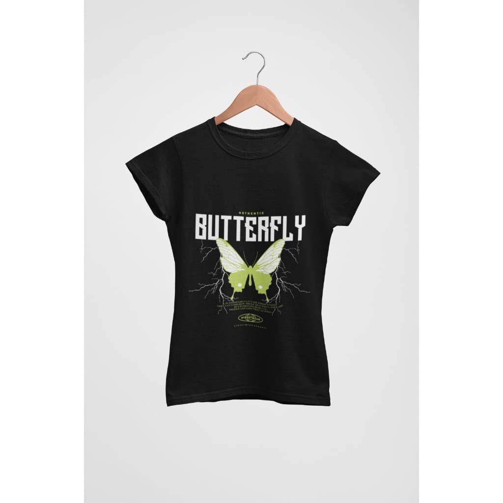 Baby Tee Preta Feminina – Estampa Borboleta Verde Neon “Butterfly”