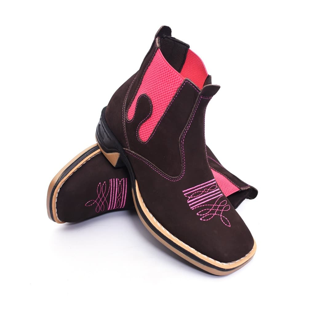 Botina Texana Feminina Marrom Couro Legitimo Bordado  Pink Sola Jump