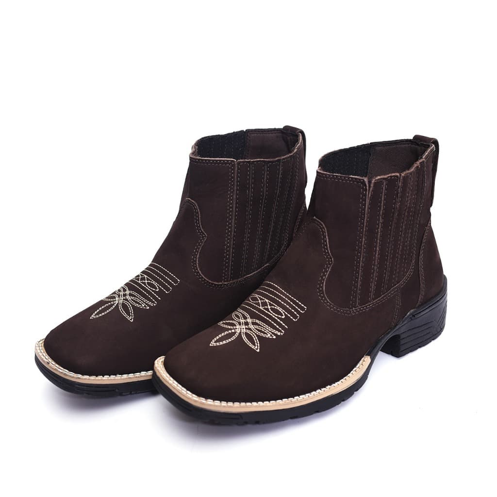 Botina Texana Masculina Marrom Couro Legitimo Bordado Branco Sola Jump