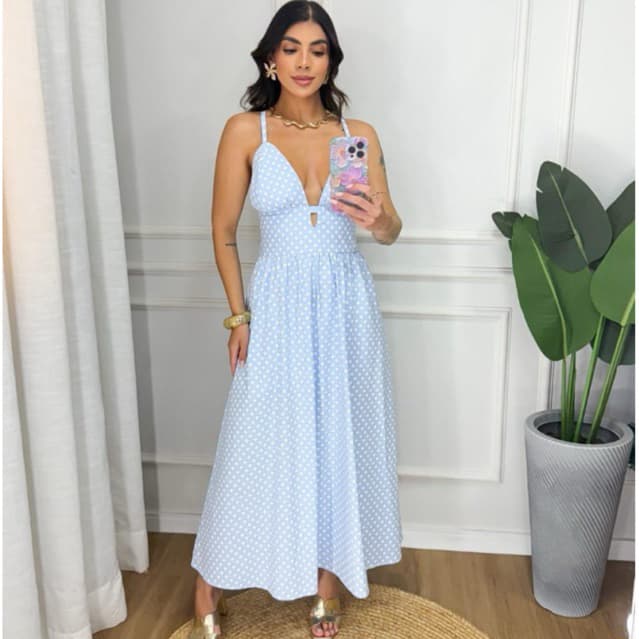 Vestido Poá Noélia Longo Possui Amarração Nas Costas Tecido Tricoline  Premium Casual Modelo Verão