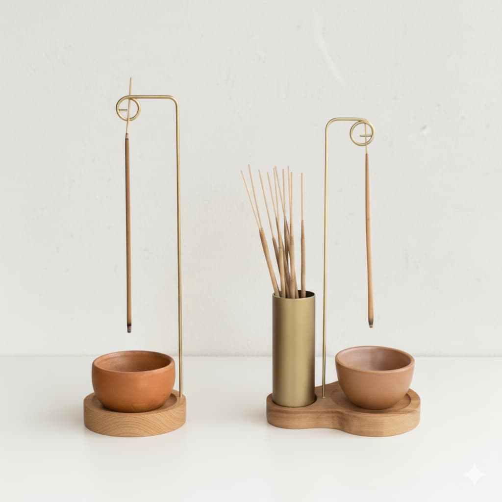 Incensário Invertido  em Madeira com Suporte para Incenso – Feito à Mão, Estilo Natural