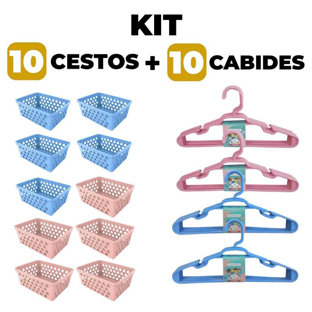 Kit 10 Cabides Infantil + 10 Cestinhas Infantil - Rosa, Azul ou Branco