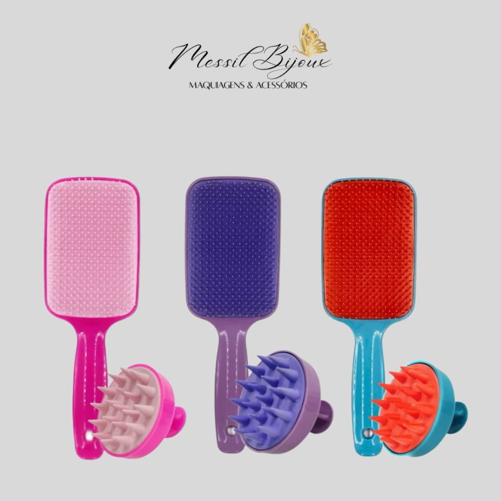 Kit Escova Raquete curvada e Escova Massageadora Capilar de Silicone LUXO CORES SORTIDAS