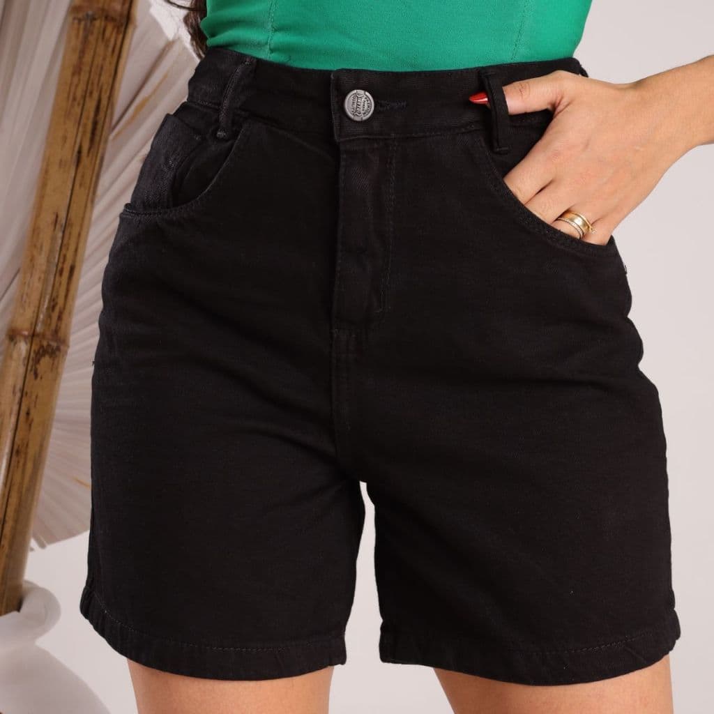 Bermuda Short Feminino Cintura Alta Lavagem Preta 100% Algodão Alfaiataria Premium