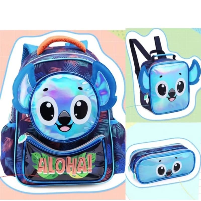 KIT MOCHILA DE ALOHA COM LANCHEIRA E ESTOJO INFANTIL MASCULINO DENLEX/ MOCHILA INFANTIL/MOCHILA STITCH/MOCHILA DE COSTAS