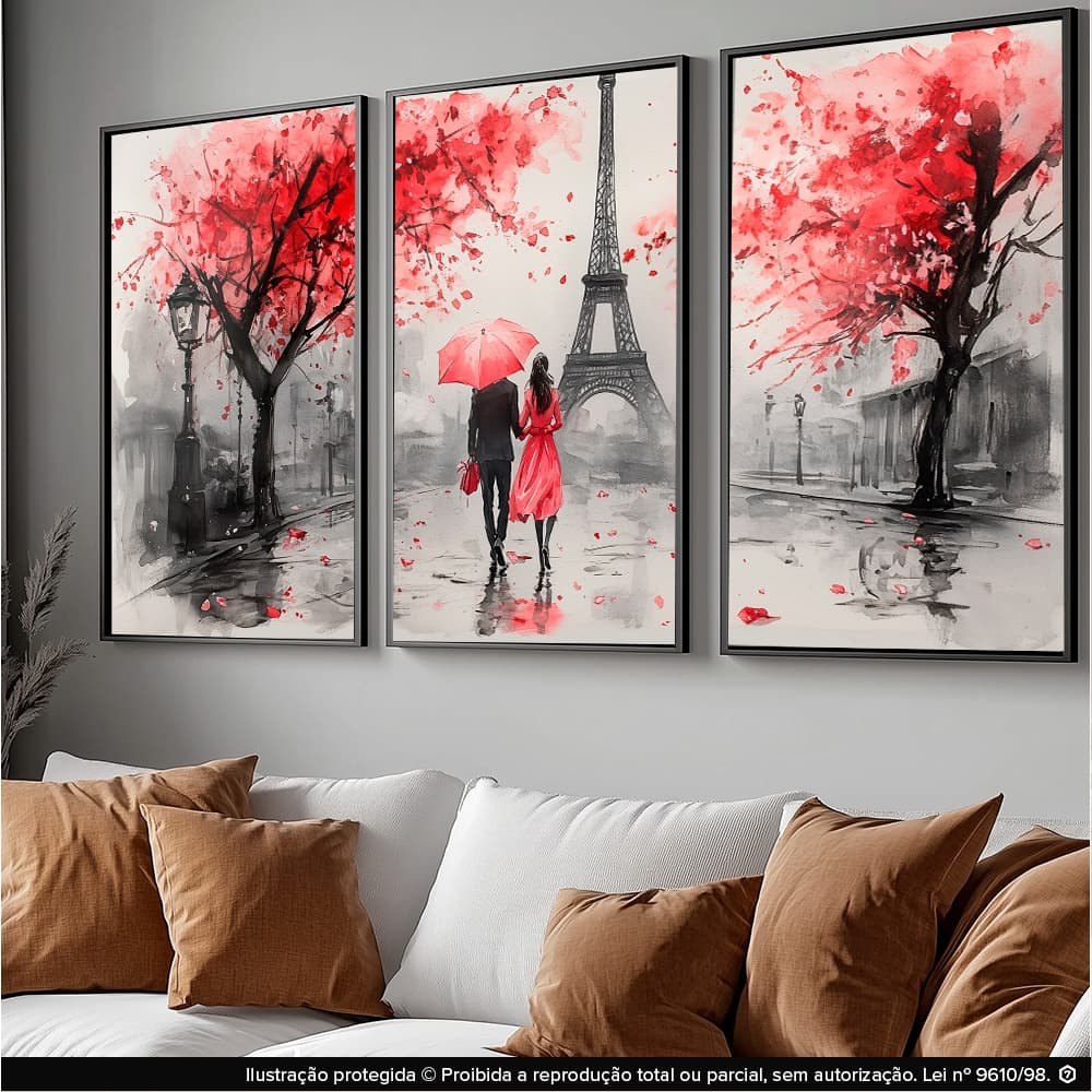 Quadros Decorativos Casal em Paris com Guarda-Chuva Vermelho Kit 3 Peças Moderno
