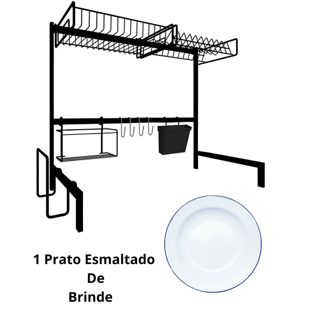 Escorredor De Louça Suspenso 82cm Organizador Cozinha Pratos Copos Talheres Preto De Aço + 1 prato Esmaltado De Brinde