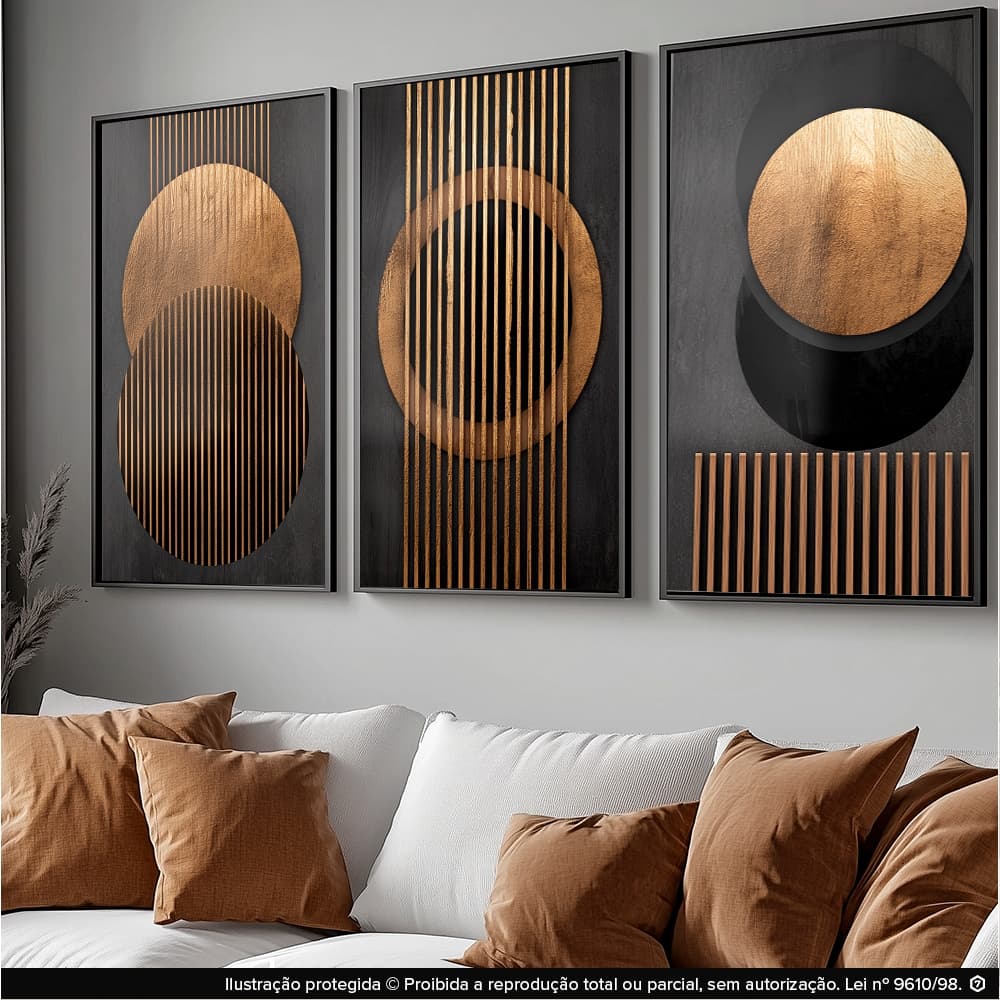 Kit 3 Quadros Decorativos Abstratos Preto e Dourado Luxo Moderno Sala Quarto