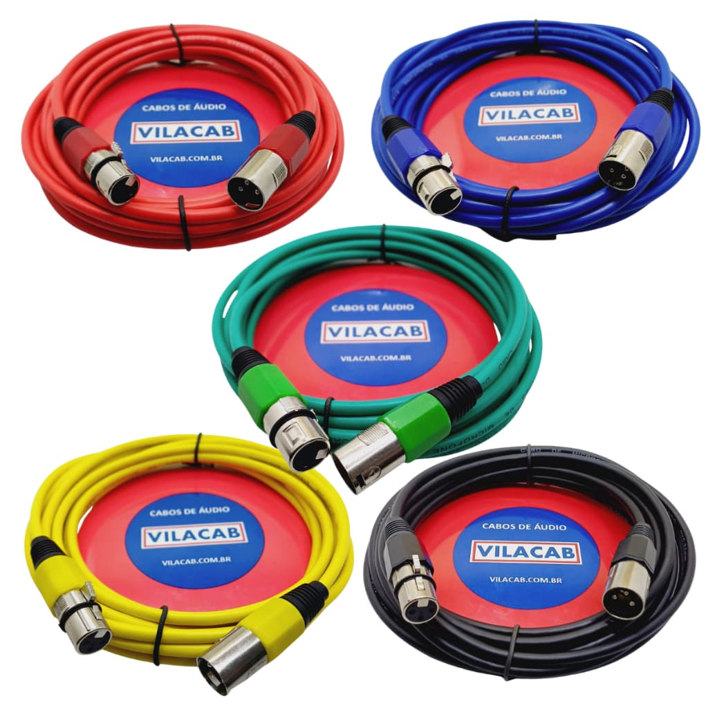 Kit 5 Cabos Microfone Dmx Xlr Cores Vibe-x Vilacab - Escolha o Tamanho Stereo Balanceado Áudio Som