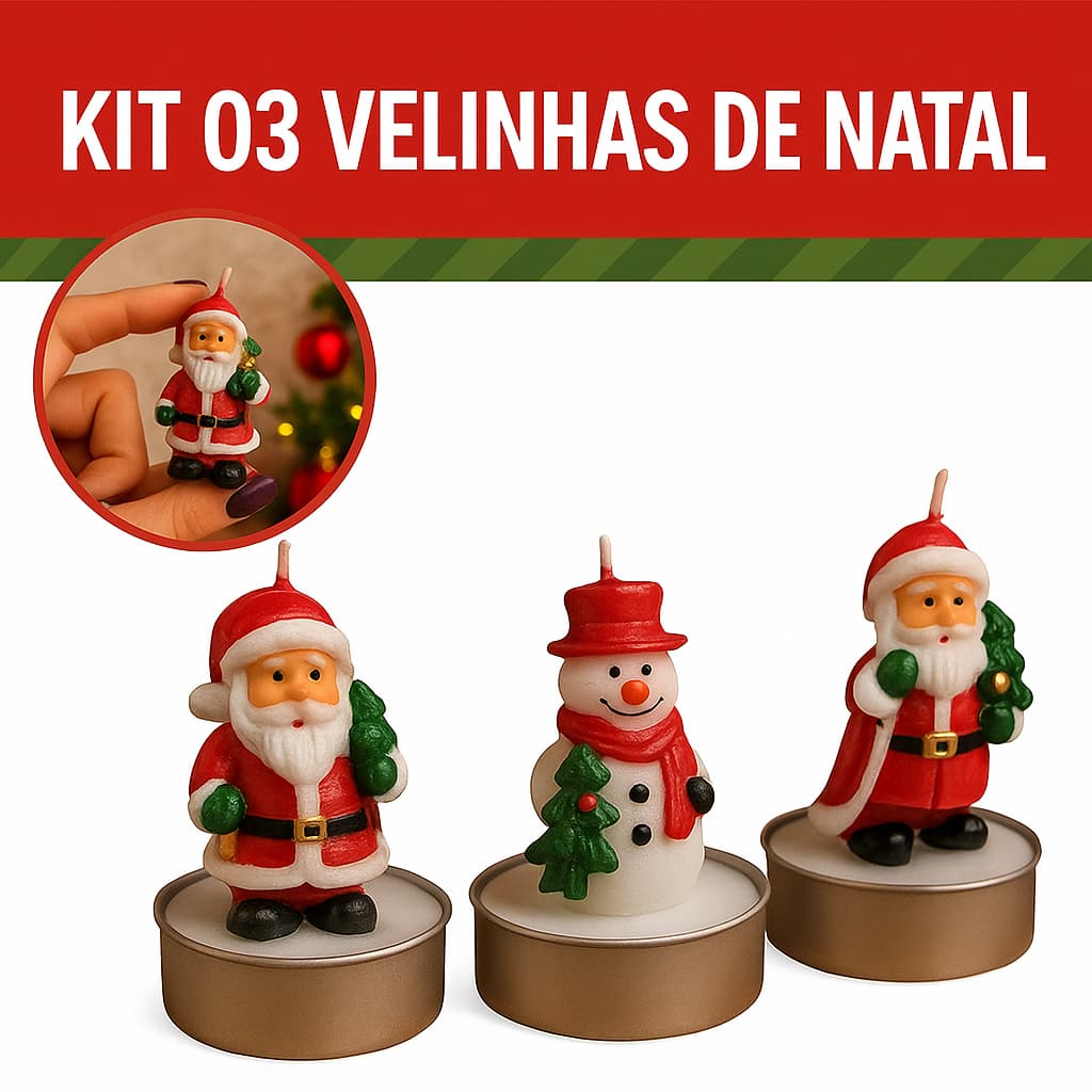 Vela Natalina 3D Papai Noel Decoração Natal Presente Kit 3 Peças
