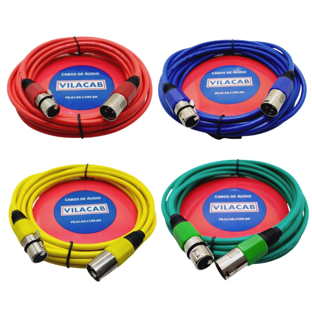 Kit 4 Cabos Microfone Dmx Xlr Cores Vibe-x Vilacab Stereo Balanceado Áudio Som Phantom Power Led