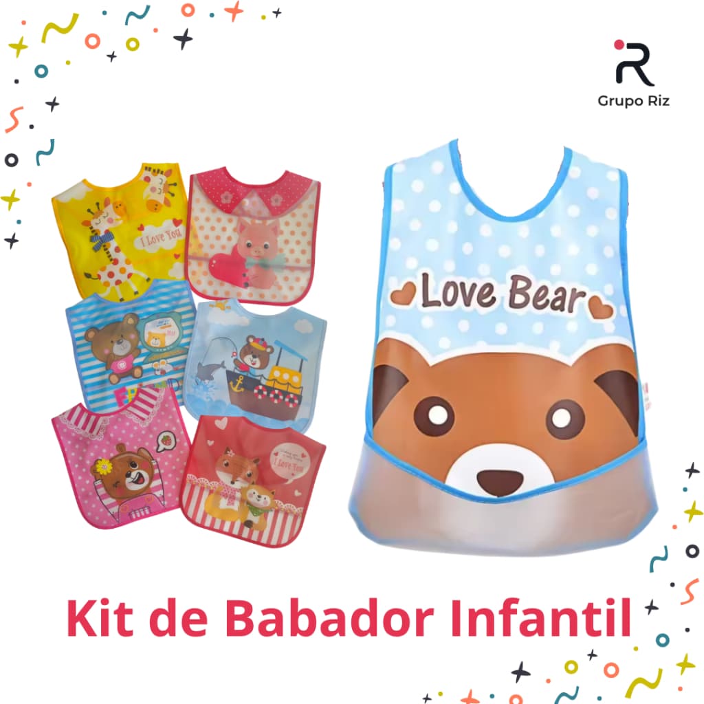kit 1, 2 ou 3 Babadores Infantil Pega Migalhas Impermeável Ajustável Cores Personagens Divertidos