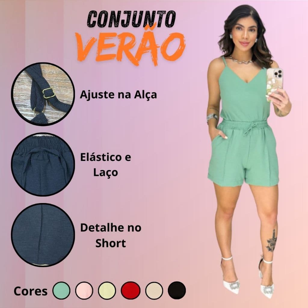 Conjunto Casual Duna Feminino Alça Ajustável Bolsos Verão