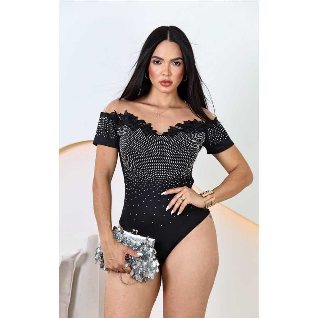 Body Pedraria Luxo Com Bojo Tule Manga Curta