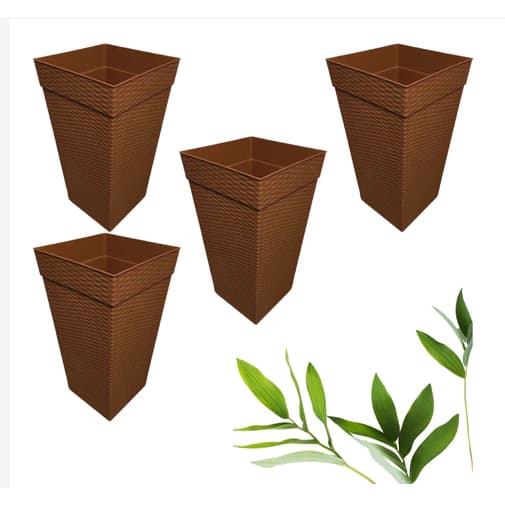 Kit 4 Vaso Para Flores e Plantas Rattan Quadrado - 10 Litros Marron