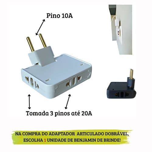 Adaptador Tomada Benjamin 20A Articulado Dobrável 3 saídas e 10A Kit com 2/3/4/5