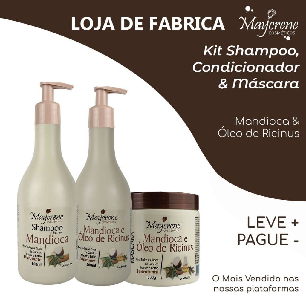 Kit Mandioca 500ml Maycrene  (Com válvula) |  Para Todos Tipos De Cabelo - Maciez, Brilho e Hidratação