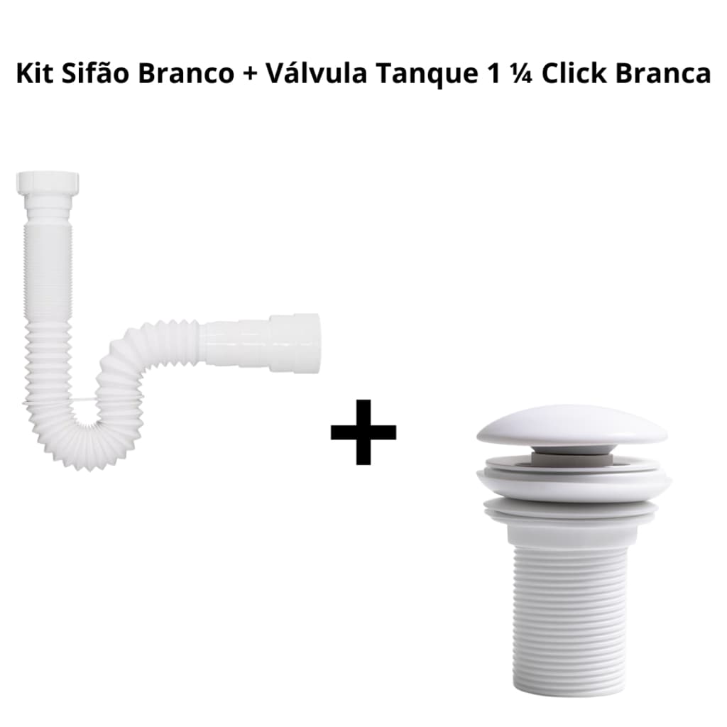 Kit Sifão Flexivel + Valvula Tanque 1 1/4 CLICK - Sanfonado Ajustavel Para Pia Cozinha Banheiro Cuba - Branco