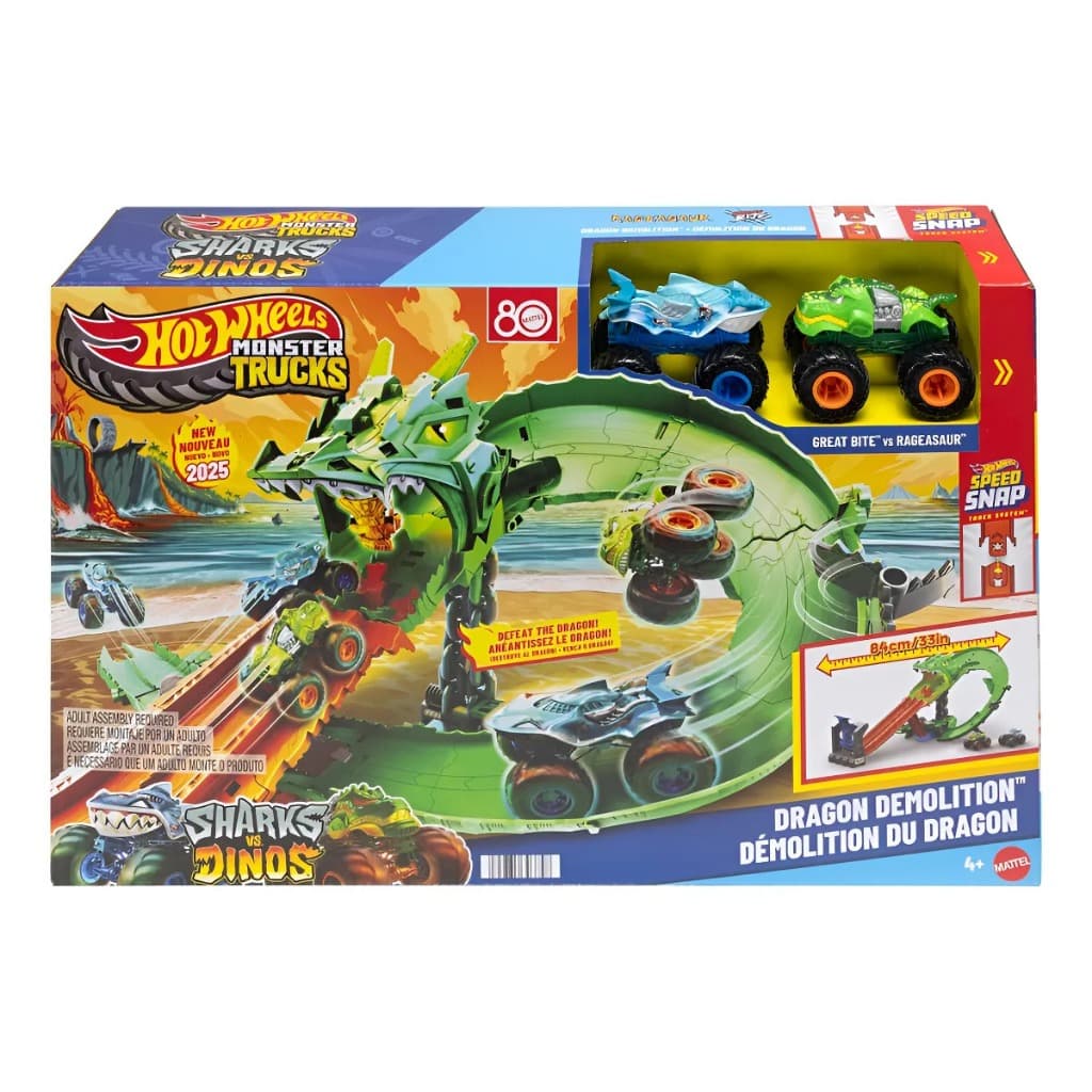 Pista De Brinquedo Monster Trucks Tubarões VS Dinossauros Destruição Do Dragão Hot Wheels