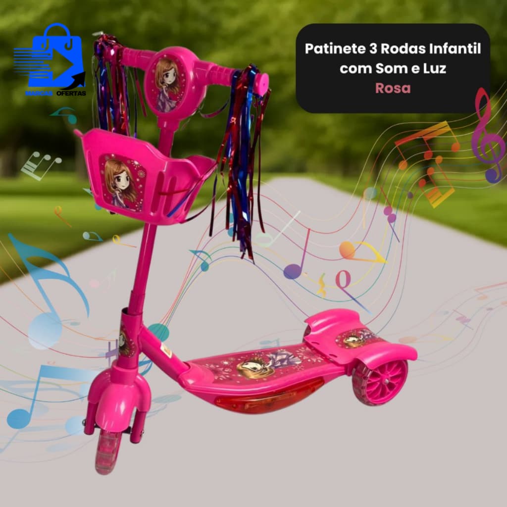 Patinete Infantil Dobrável 3 Rodas Com Luz Som Rosa Veicular Seguro Divertido