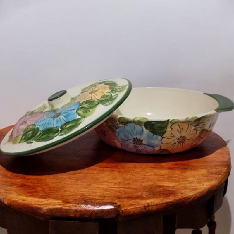 Cumbuca Sopeira Floral Premium Redonda Com Tampa e Alça Cerâmica Para Mesa Posta