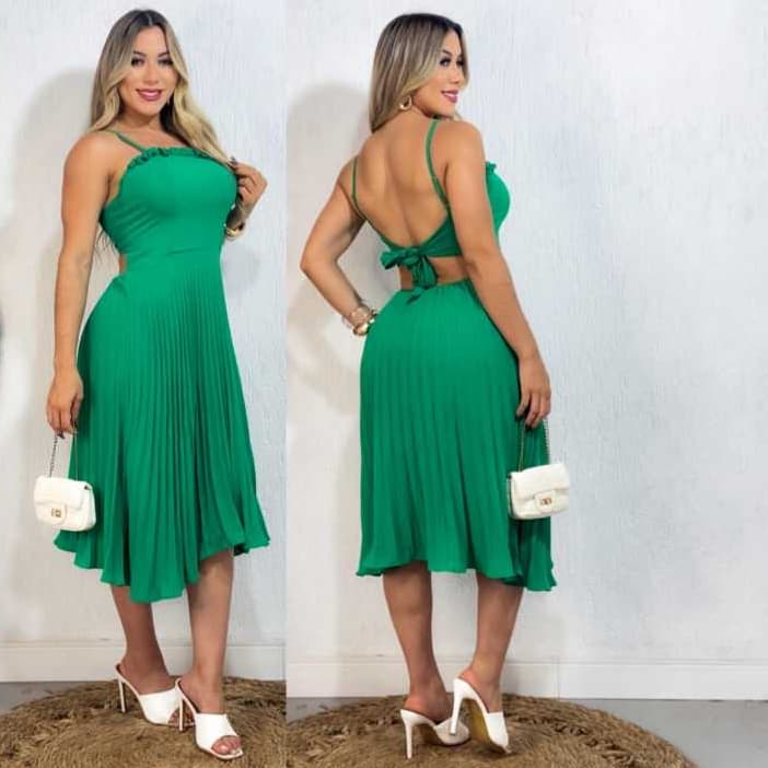 Vestidos Feminino Midi Plissado Alcinha Cola Quadada Look Elegante com bojo detalle na frenthe