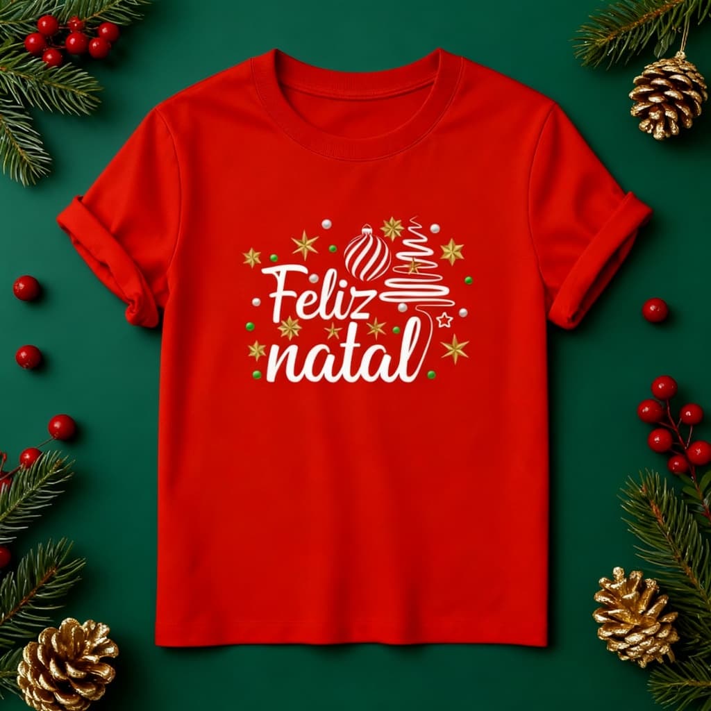 Camiseta Estampa Feliz Natal 100% Algodão Premium Fio 30.1 Unissex