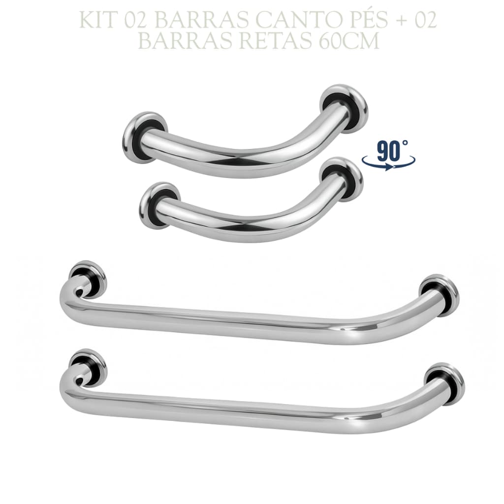 Kit 4 Barras de Apoio Banheiro Box Segurança Idosos 2 Alças 60cm E 2 De Canto Pés Alumínio Reforçado