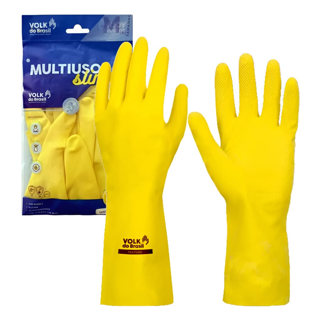 Luva de Latex Amarela Multiuso Limpeza Volk 12 pares