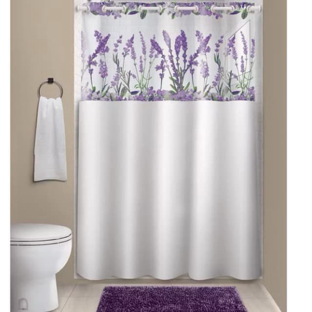 Cortina de Banheiro PVC Lavanda Cerejeira Anti Mofo com Visor Transparente – ENVIO IMEDIATO