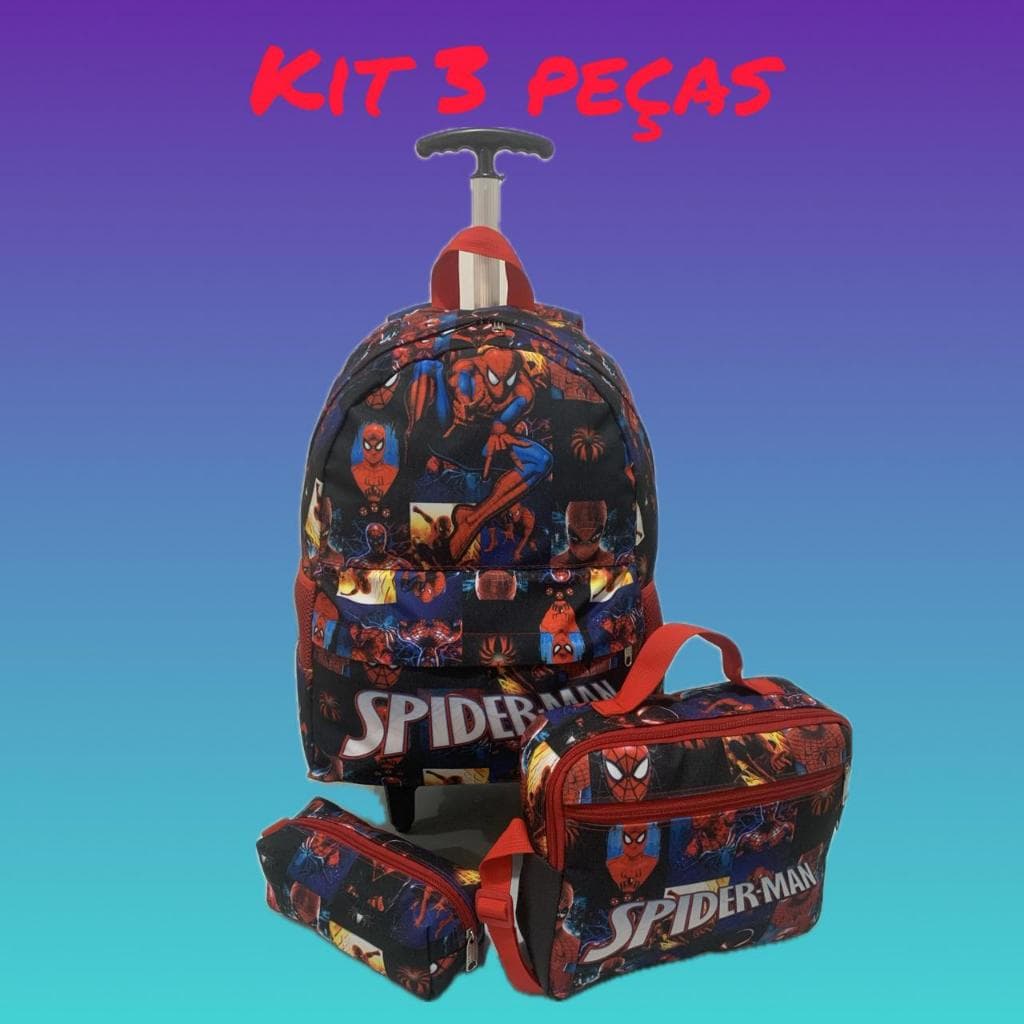 Kit mochila Escolar Homem Aranha 2 Bolsos Lancheira e Estojo Com Rodinhas