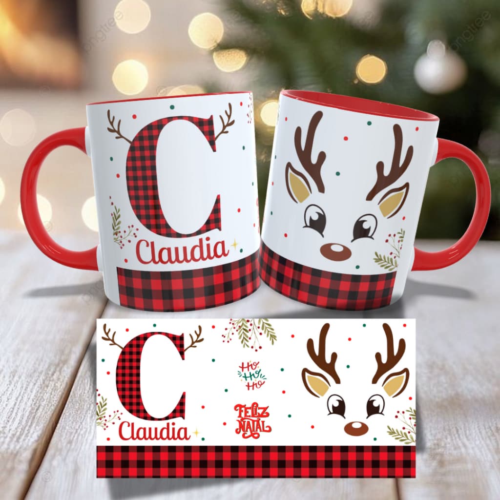 Caneca de Natal Personalizada com Nome e Inicial Vermelha ou verde - Colorida ou Branca