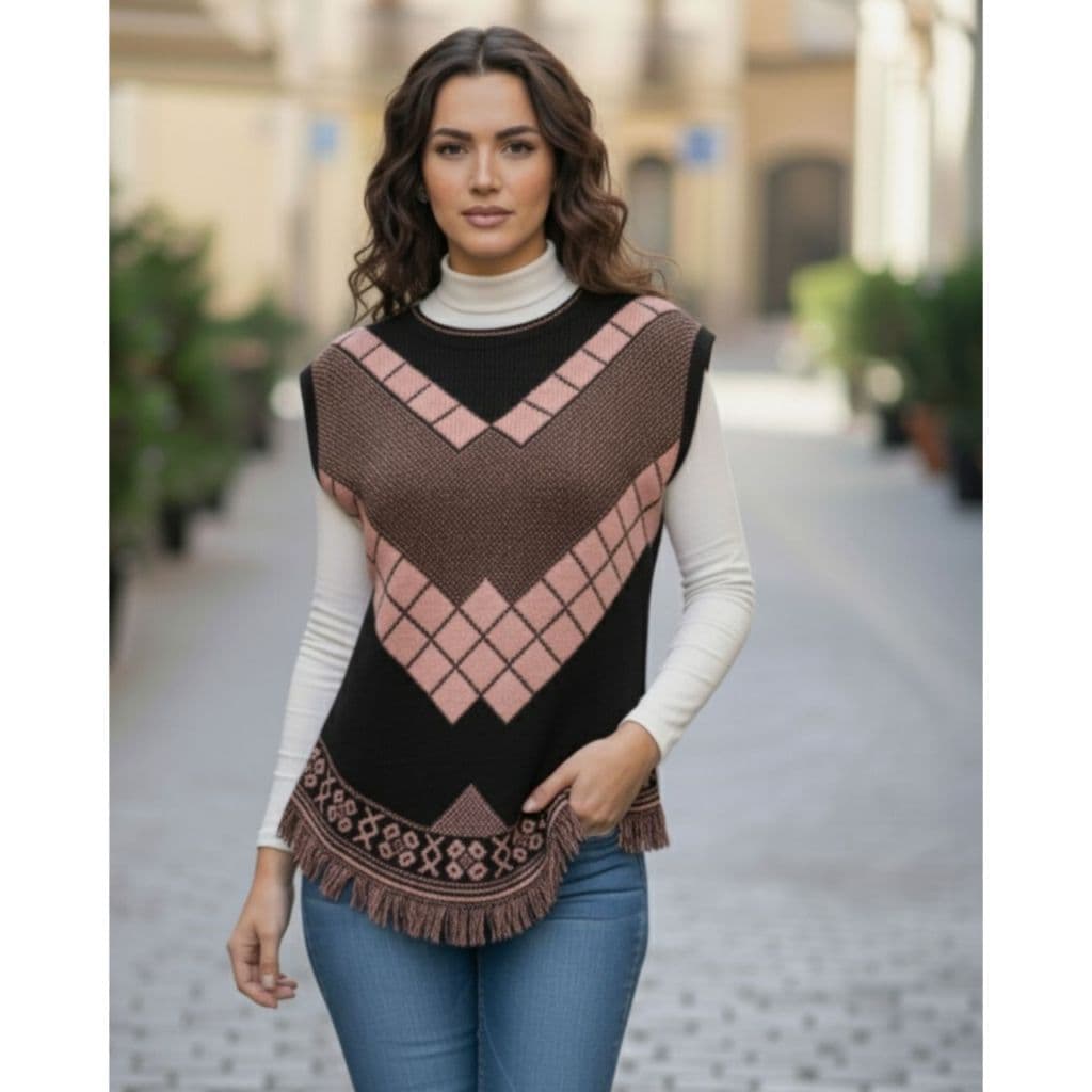 Poncho Feminino Tricot Sem Mangas com Franja – Colete em Trico Estampa Geométrica