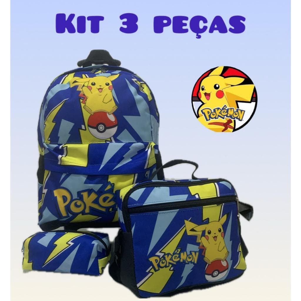 Kit mochila Escolar Pokémon 2 Bolsos Lancheira e Estojo Com Rodinhas Pikachu Pokemon